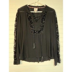 Knox Rose Women's Boho Black Blouse Lace Tassels M Whimsigoth Dark Fairy Grunge